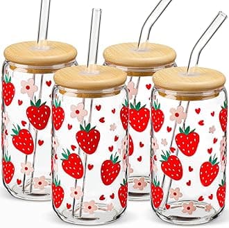 DWTS DANWEITESI Glass Cups with Lids and Straws with Design Strawberry 4pcs,Clear Glass Cups 16oz-DWTS Drinking Glasses Set,Glass Tumbler,Cute Design Glass Iced Coffee Cups with Lids and Straws