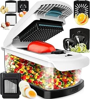 Vegetable Chopper & Mandoline Slicer for Kitchen - Food Chopper with Container, Cheese Grater, Home Essentials & Kitchen Gadgets (9 in 1, White/Black)
