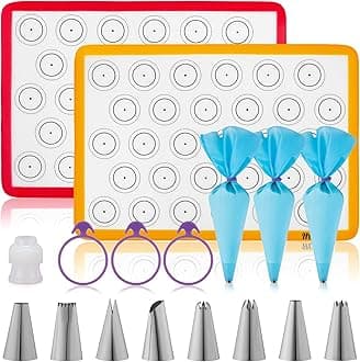 HOTPOP Piping Bags and Tips Set for Macarons - 17-Piece Baking Supplies Kit - Reusable Silicone Pastry Bags - 2 Half-Size Baker Mats - Ideal for Home Pastry Baking (16.5"x11.5")
