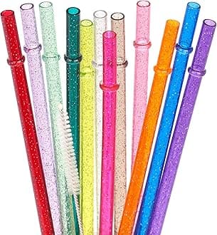 Dakoufish 11 Inch Reusable Tritan Plastic Straws, Replacement Glitter Sparkle Drinking Straws for 24 oz-40 oz Mason Jars/Tumblers,Dishwasher safe,Set of 12 with Cleaning Brush(12color,11inch)