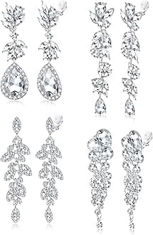 4 Pairs Silver Clip on Earrings for Women Elegant Rhinestone Clip on Earrings Dangle Drop for Brides Bridesmaids Non Pierced Earrings Set