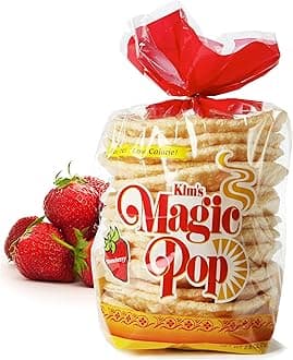 Kim's Magic Pop Freshly Popped Rice Cakes | Strawberry Flavor | 12 Bags | 15 Cakes per Bag | Low Carb, Sugar Free, Fat Free, Multigrain Korean Snack | Easy Bread, Chip, Cracker Replacement