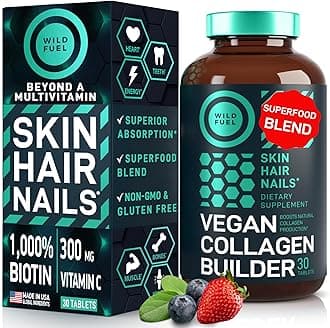 WILD FUEL Maximum Potency Vegan Collagen Builder - Cruelty-Free Kickstart Formula - Concentrated Support for Younger-Looking Skin, Strong Hair and Nails and Flexible Joints - Non-GMO - 30 Tablets
