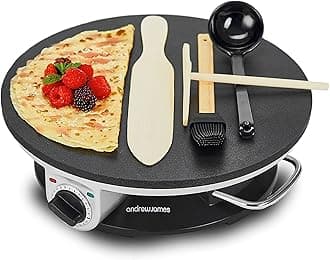 Andrew James Crepe Maker, Pancake Maker, 13 Inch Non-Stick Electric Crepe Maker, 1200W Adjustable Temperature Hotplate, Electric Pancake Griddle, Includes 4 Accessories, Up To 250°C