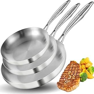 LOLYKITCH 8+10+12 Inch Tri-Ply Stainless Steel Frying Pan Set– Professional Skillet Fast & Even Heating, Induction & Oven Safe Cookware for Modern Home Kitchens, Detachable Handle