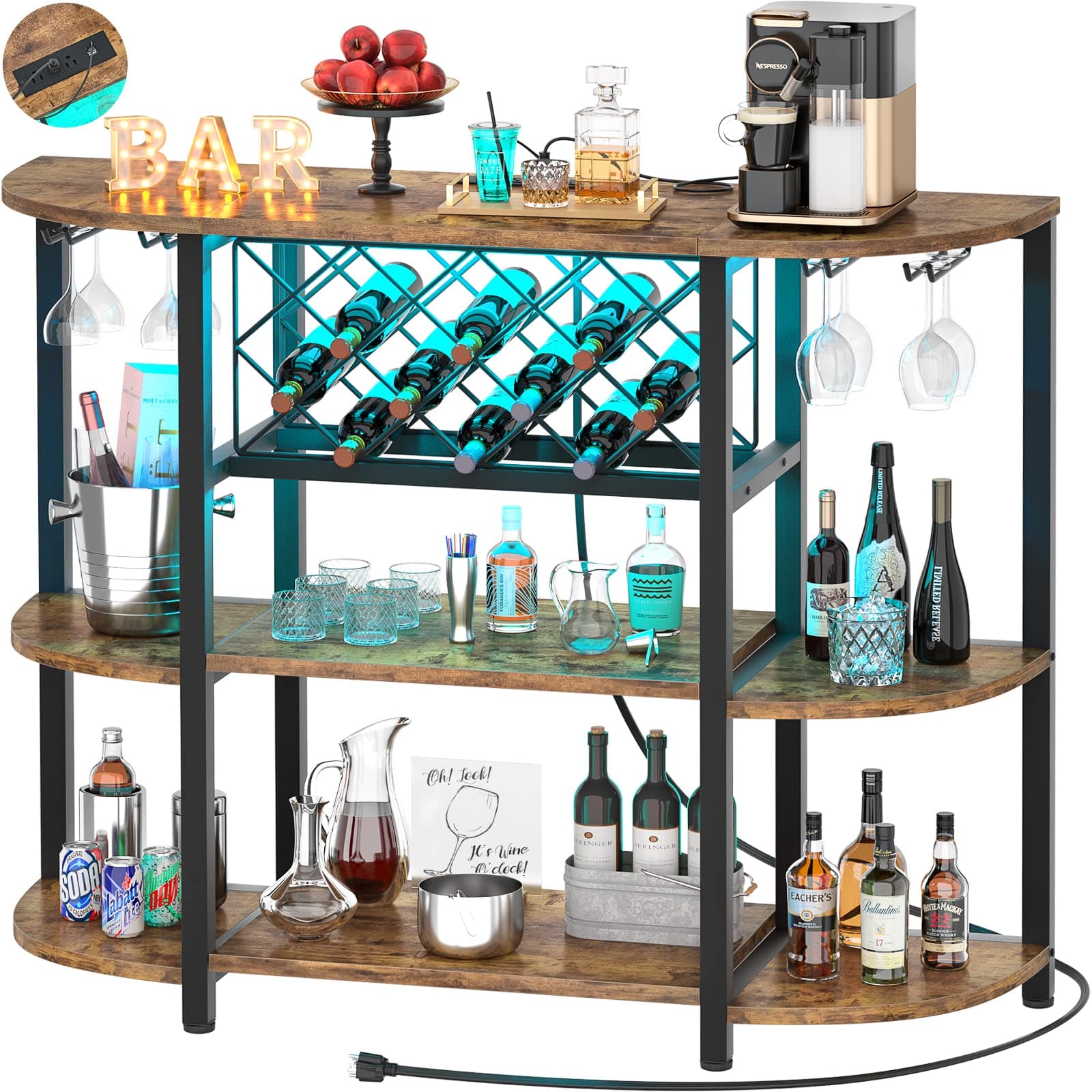 Wine Rack Table with Socket and LED Light, Floor Wine Bar Cabinet for Liquor and Glasses, Wood Coffee Bar Cabinet with Adjustable Wine Rack, FreeStanding Sideboard and Buffet Cabinet, Rustic