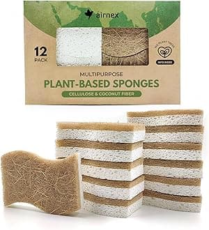 12 Pack Natural Kitchen Sponges - Biodegradable Cellulose & Coconut Scrubber - Eco Friendly Dish Sponge - Non-Scratching, Odorless & for Dishwashing