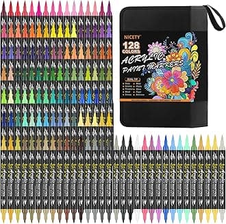 NICETY 128 Acrylic Paint Markers, Dual Tip Brush Paint Pens for Rock Painting, Wood, Glass, Stone, Canvas, Ceramic, Fabric - Fine & Brush Tip Water Based Acrylic Markers Pens