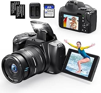 4K Digital Cameras for Photography, 12X Optical Zoom 72MP Vlogging Camera for YouTube with 270°Flip Screen, Autofocus & Anti-Shake Cameras, Wi-Fi & App-Controlled 4K Camera, 2 Batteries, 32GB SD Card