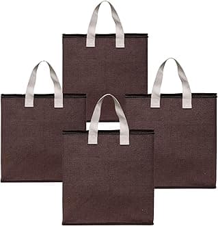 DOUBLE R BAGS Multipurpose Storage Organizer with Jute Reinforced Cotton Handles & Thick Base (Brown, 43x28x43 cm) | Zip Closure Bag for Clothes, Toys, Blankets | 1 Compartment, Pack of 4