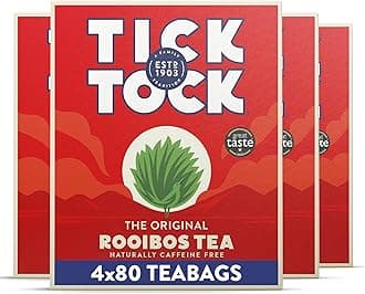 Tick Tock Rooibos Tea - Pack of 4 x 80 Caffeine-Free Tea Bags (320), Naturally Sweet Redbush Tea for Wellbeing & Relaxation - Biodegradable Tea Bags