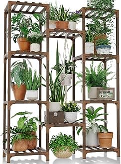 Bamworld Plant Stand Indoor Outdoor Hanging Plant Shelf for Multiple Plants Pots Wood Flower Stand Tall Large Flower Holder for Living Room, Patio, Balcony, Garden Decor, Brown