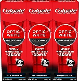 Colgate Optic White Pro Series Stain Prevention Hydrogen Peroxide Toothpaste, Teeth Whitening Toothpaste, Effectively Removes Tea, Coffee, and Wine Stains, Enamel-Safe for Daily Use, 3 Pack, 3.0 oz