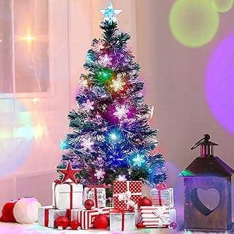 Juegoal 4 ft Pre-Lit Artificial Christmas Tree, Lighted Optical Fiber Xmas Trees with RGB Color Changing LED Lights, Snowflakes & Top Star, Festive Party Holiday Fake Multicolored Tree with Metal Legs