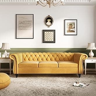 ORRD Chesterfield Sofa Velvet, Modern Tufted Couch 3 Seater with Rolled Arms and Nailhead for Living Room, Bedroom, Office, Apartment (Mango)