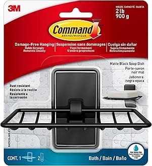 Command Soap Dish for Shower, Damage Free Hanging Bathroom Soap Dish, No Tools Bar Soap Holder for Holiday Guests, 1 Matte Black Soap Dish and 2 Water-Resistant Strips