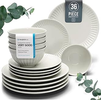 36-Piece Dinnerware Set - Bowl and Plate Set - Stoneware Dining Set for 12 People - Dishwasher and Microwave Safe - Grooved Dining Service in Beige