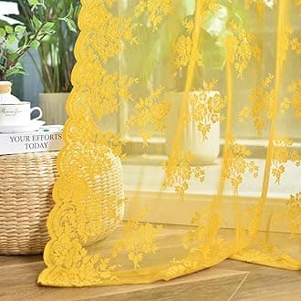 Kotile 72 Inch Gold Lace Curtains 2 Panels, Country Rustic Retro Mustard Yellow Sheer Lace Curtains 72 Inches Long for Living Room, Rod Pocket Light Filtering Privacy Window Curtain Drapes, 52 x 72 In