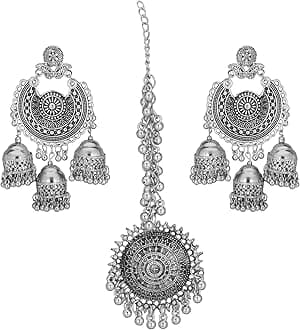JwellmartIndian Ethnic Partywear Traditional Oxidized SIlver Beaded Navratri Jhumka Jhumki Earrings with Maang Tikka Combo for Women
