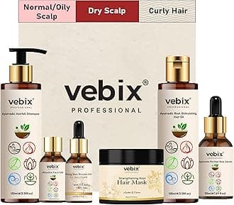 VebixProfessional Customized Regimen -Full Kit- Lotus AntiHairfall Shampoo & Neem Oil + Hair Glow Serum + Onion Hair Mask + Hair Booster Serum & Kumkuma Face Brightening Oil -10.82 Fl.oz (Dry Scalp)