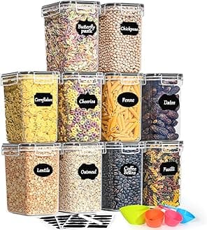1.6L Cereal Storage Containers Set of 10, Plastic Airtight Food Storage Containers with Lids, Storage Jars for Storing Pasta, Rice, Rlour, Dog, Cat, Cereal Dispenser Kitchen Organiser, Black
