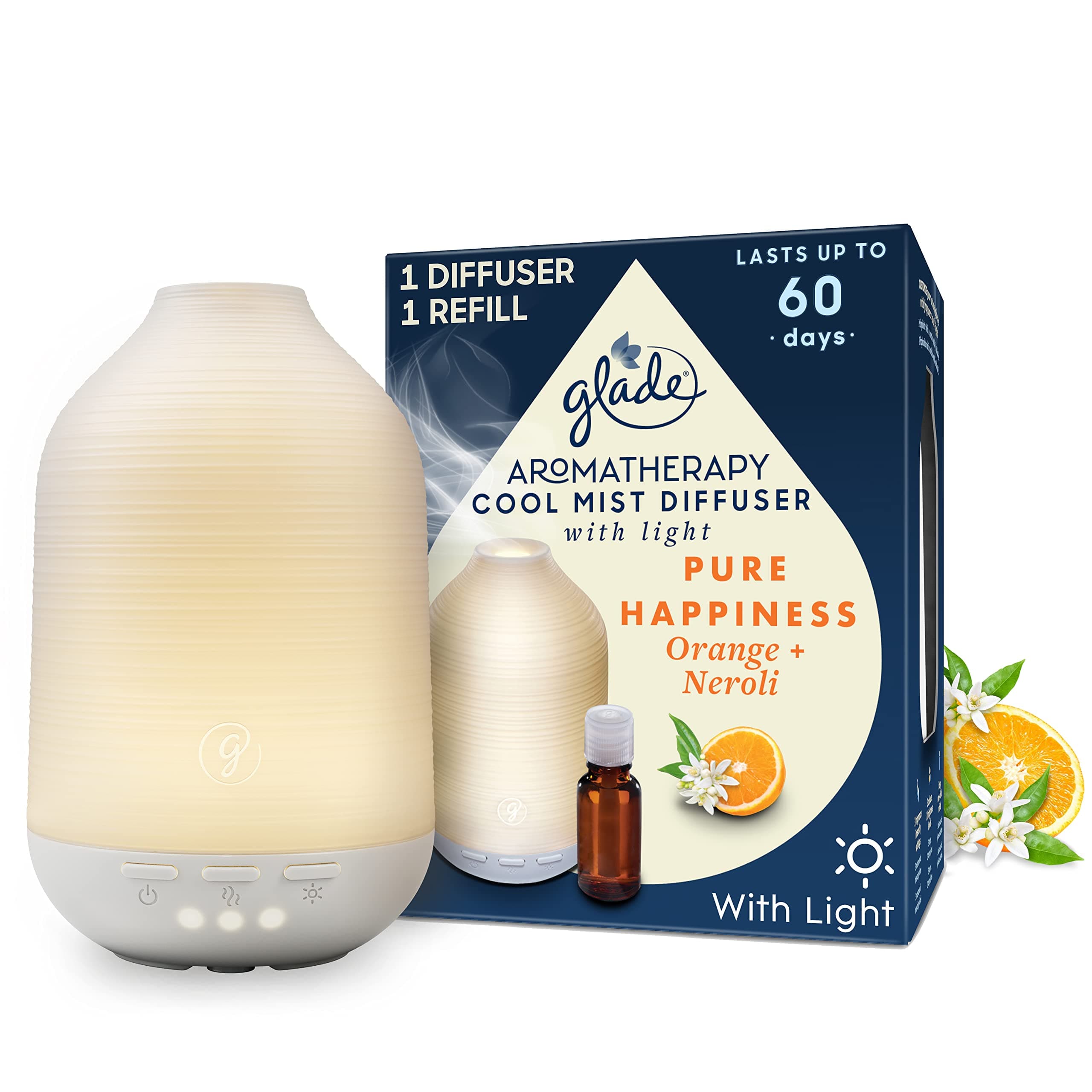 Essential Oil Diffuser Holder & Refill, Cool Mist Aromatherapy Diffuser & Air Freshener for Home, Pure Happiness with Orange + Neroli, 1 Holder + 17.4ml Refill