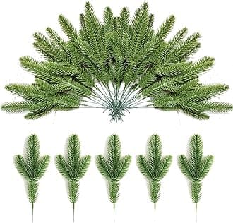 Artificial Pine Branches Green Plants Needles DIY Accessories Realistic Faux Christmas Greenery Green Plants Pine Picks and Stems for Garland Wreath Christmas and Home Garden Decor 20pcs