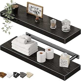 QEEIG Floating Shelves for Wall 23.6" Long - Wall Mounted Shelf Bathroom Kitchen Living Room Bedroom Farmhouse Home Decor Display Bookshelf Large 23.6 x 9.3 inch Set of 2, Black (008-60B)