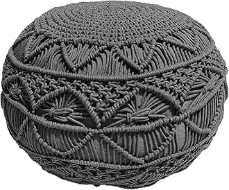 THE HOME TALK Hand Woven Macrame Pouf | Ottoman Footrest | Bean Bag, Floor Chair for Living Room, Bedroom, Kid’s Room, Hall | Cotton Knitted | Small Furniture | 18’’ x 18’’ x 14’’ | Dark Grey