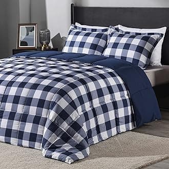 downluxe Lightweight Plaid Comforter Set (Queen) with 2 Pillow Shams - 3-Piece Set - Blue/White Plaid - Down Alternative Reversible Comforter