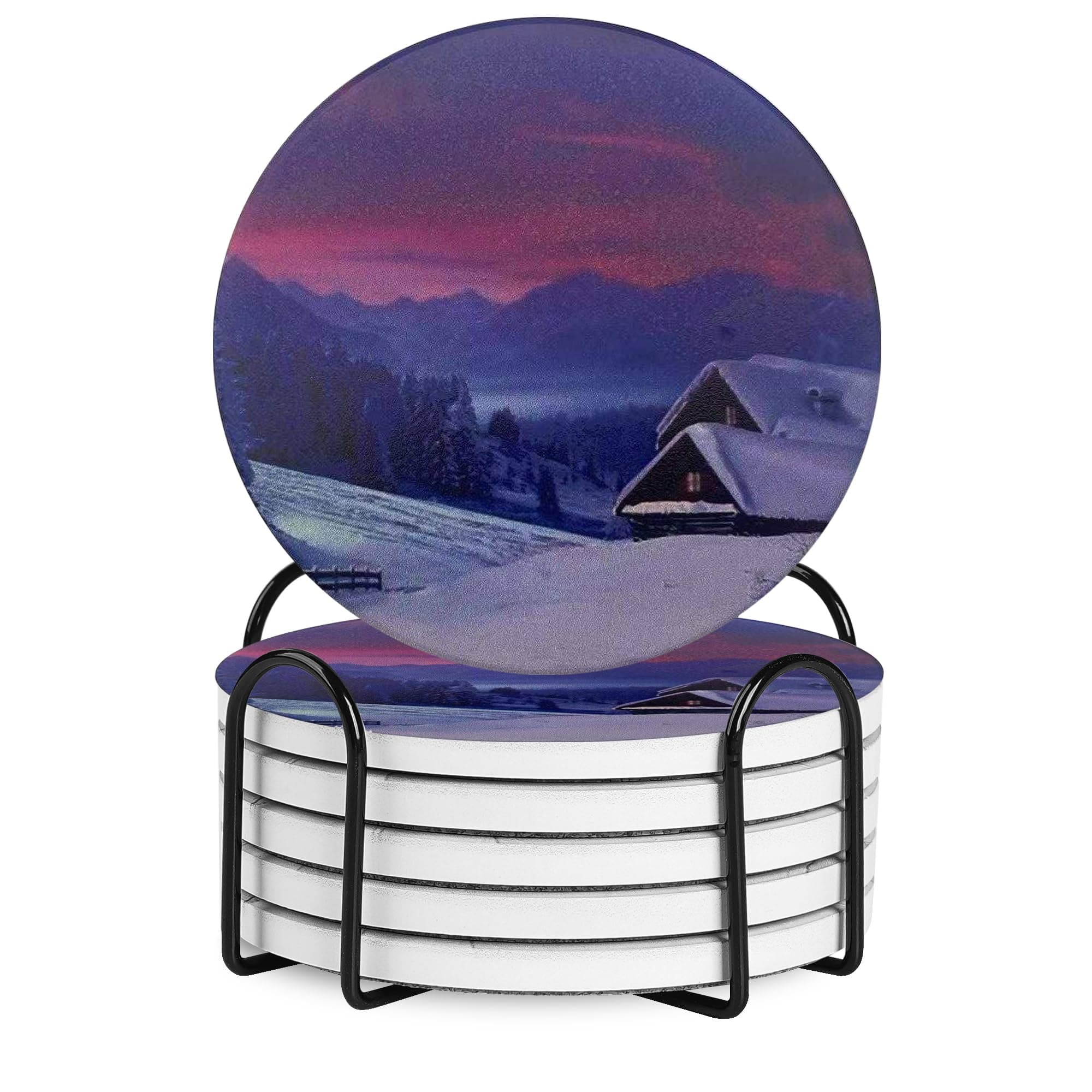 Guruji DivinityCoasters for Drinks, Round Absorbent Ceramic Stone Coasters Set of 6 with Cork Base, Funny Drink Coasters with Holder for Cold Drinks