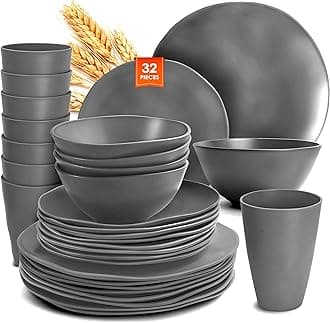 Teivio 32-Piece Kitchen Plastic Wheat Straw Dinnerware Set, Service for 8, Dinner Plates, Dessert Plate,Cereal Bowls,Cups, Unbreakable Plastic Outdoor Camping Dishes,Irregular Deep Gray