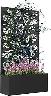 Outsunny Metal Raised Garden Bed with Trellis for Climbing Plants, Freestanding or Wall Mounted Flower Bed with Privacy Panel, Twigs and Leaves Cut-Outs Outdoor Planter Box for Garden, Patio, Balcony