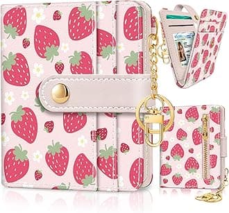 Rfid Women Wallet, Small Slim Thin Credit Card Wallet, PU Leather Bifold Cash Zipper Coin Pocket ID Window, for Female Ladies Teen Girls Girly Gifts, Strawberries, Modern