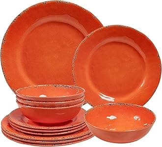 Rustic Melamine Dinnerware Sets, Farmhouse Dishes Set for 4, Lightweight 12 Piece Kitchen Plates and Bowls Set for Indoor and Outdoor Use, Dishwasher Safe, Orange