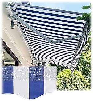 Manual Awning Replacement Fabric Retractable Outdoor Patio Garden Polyester Canopy, Cover, Sun Shade, Shelter for Yard, Deck, Balcony Blue/White Stripes (Including Awning Fabric only)