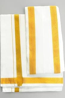 Gowri Tex Men's 100% Pure Cotton White With Gold Jari Lungi in Size 2 Mtrs Single Lungi- Pack Of 1