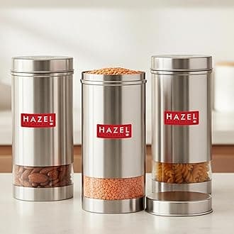 HAZEL Stainless Steel Tea Coffee Sugar Containers I Ideal for Multipurpose Item Storing I Set of 3 Transparent Jars with 1000 ML Capacity each I Silver Color Box with Matt Finish