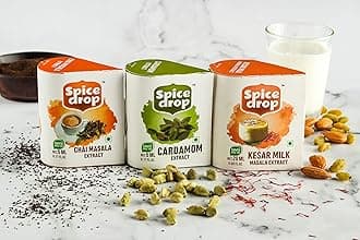 Spice Drop Royal Beverage Combo - Natural Extract of Kesar (Saffron) Milk Masala, Cardamom (Elaichi) & Chai (Tea) Masala -100% Natural Extracts - For Food, Beverages and Dessert - (2x5ml and 1 x20 ml)