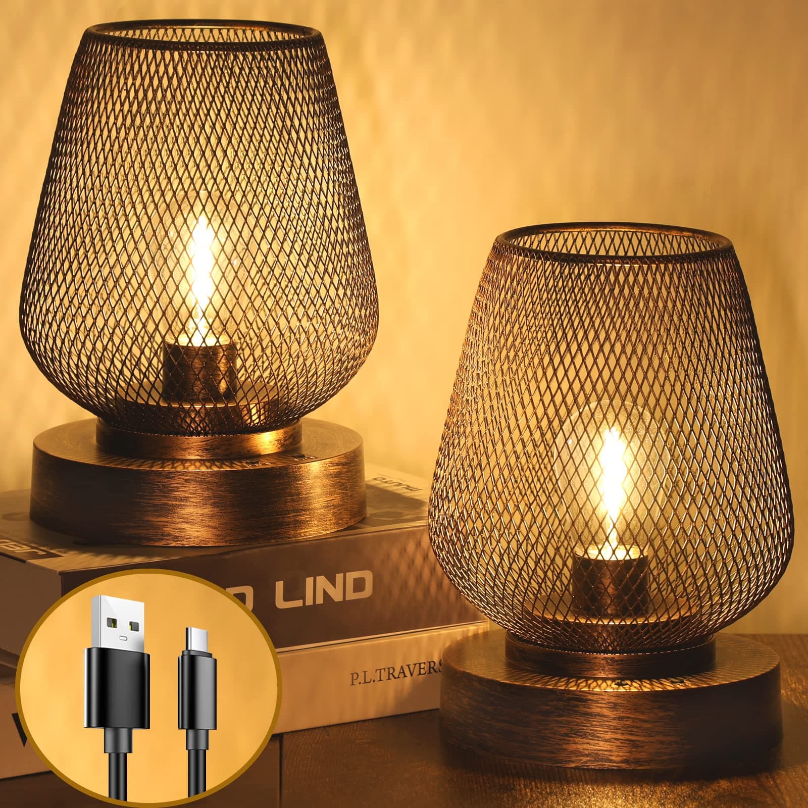2 Pack Rechargeable Table Lamp Cordless Table Lamp Battery Operated Lights Metal with 4 Lighting Mode Indoor Outdoor Lights for Patio Bedroom Living Room (Bulb Included) Bronze