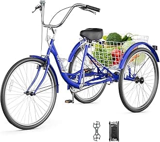 1-Speed Adult Tricycle, 24 Inch 3 Wheel Bikes with Large Basket, Cruiser Bike for Women/Men/Seniors, Adult Trike for Outdoor/Shopping/Recreation/Picnic (Blue)