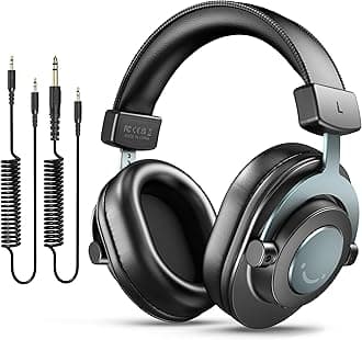 Studio Monitor Headphones for Recording-Over Ear Wired Headphones for Podcast Monitoring, Streaming Comfortable Equipment with Detachable Cables 3.5mm or 6.35mm Jack, Black, on PC/Mixer-H8