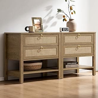 SICOTAS Night Stand Set of 2, Rattan Nightstand with Drawers and Storage Shelf - Boho Bedside Table Narrow Side Table for Bedroom, Small Space