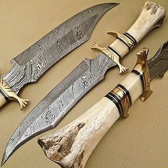 Kidsnado Damascus Steel Hunting Knife - Fixed Blade Knives with Sheath - Firm Grip Handle Made of Camel Bone (White)