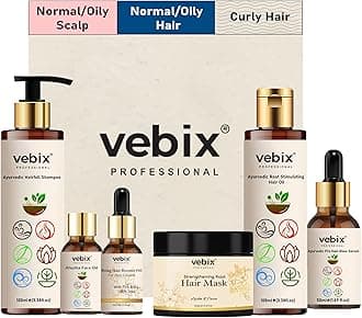 VebixProfessional Customized Regimen -Full Kit- Lotus AntiHairfall Shampoo & Neem Oil + Hair Glow Serum + Onion Hair Mask + Hair Booster Serum & Kumkuma Face Brightening Oil -10.82 Fl.oz (Normal Hair)