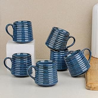 The Earth Store Blue Ring Ceramic Tea Cup Set of 6, 220 ML Each, Microwave and Dishwasher Safe Coffee Cups | Cup Set of 6 for Tea | Tea/Chai Cups for Gifting, Home & Office Use, Every Occasion