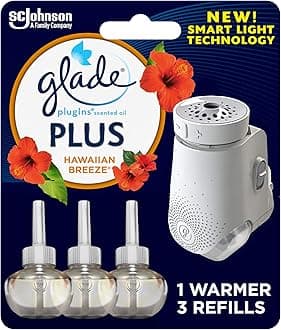 PlugIns Plus Refills Air Freshener Starter Kit, Hawaiian Breeze, Scented and Essential Oils for Home and Bathroom, 0.67 Fl Oz, 1 Warmer + 3 Refills