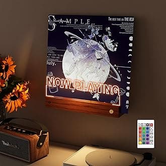 YuanDian Light up Now Playing Vinyl Record Stand Wall Mount, Now Spinning Record Player Stand, Wooden Acrylic Holder for Vinyl Album Display and Storage with 16 Changing Color Lights