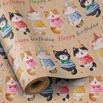 RUSPEPA Birthday Wrapping Paper Roll for Boys Girls, Mini Roll, Adorable Cat Kitty Gift Wrap Paper, Colorful Happy Birthday Kraft Paper for Kids' Birthday, Cat Lovers Celebrations, 17 In X 16.4 Ft