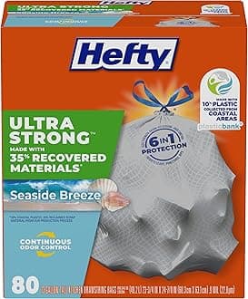 Ultra Strong 13 Gallon Trash Bags, Tall Kitchen Trash Bags Made with Recovered Materials, Including Coastal Plastic, Drawstring, Resists Leaks and Punctures, Gray, Seaside Breeze Scent, 80 Bags